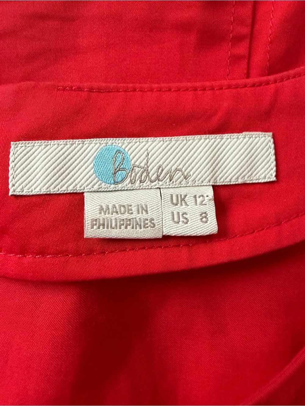 Boden Red Cotton Round Neck Puff 3/4 Sleeve Back Zip Peasant Blouse Women's 8